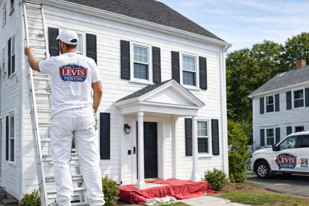 Exterior house painting in Boston MA by Levis Painting with Boston skyline background